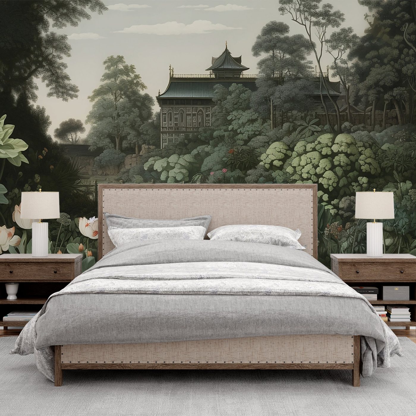 Botanical wall mural behind a hospitality guest bed